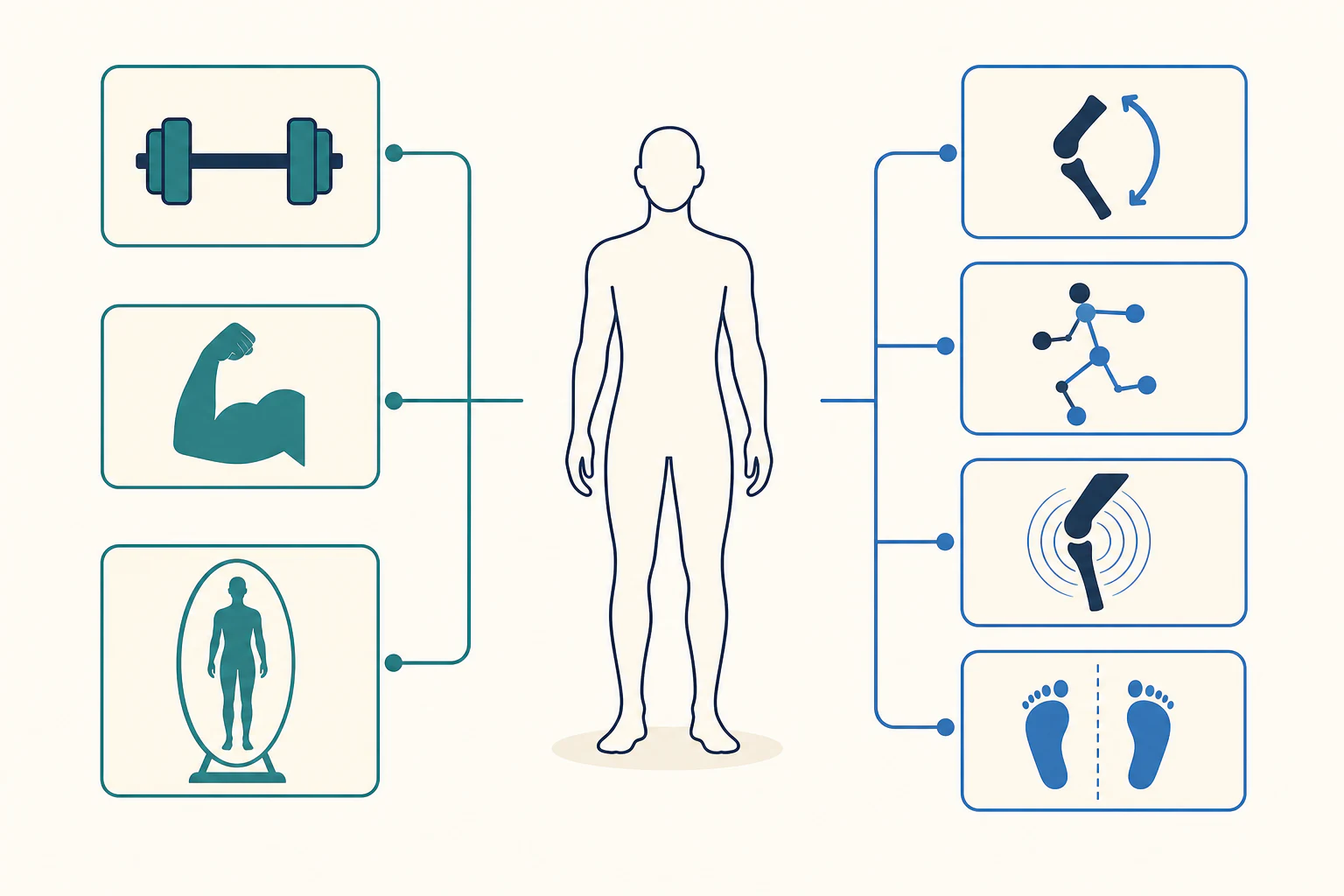 中央の人物から筋力系と可動域・協調・感覚・左右差を別々に分けた図解