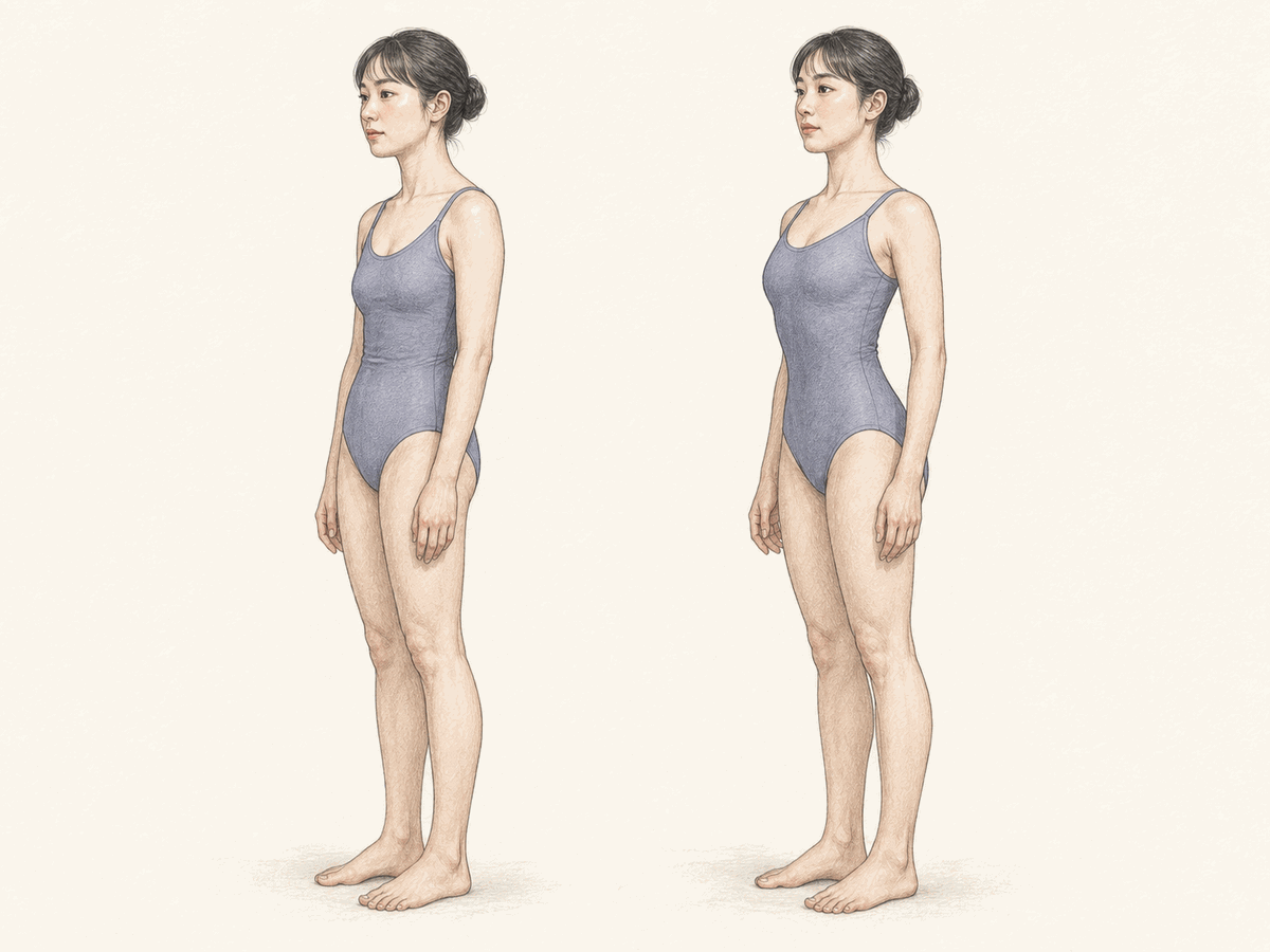 同一人物の全身像で比べる、胸郭と股関節の立体感