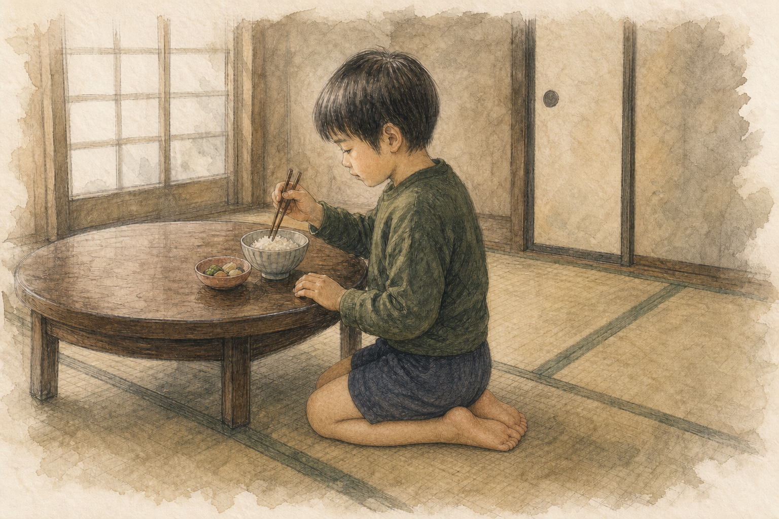 ちゃぶ台で食事をしながら正座していた幼少期の記憶を描いたスケッチ