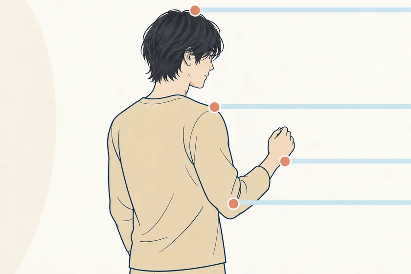 服姿の男性の頭・肩・肘・手を骨の動きの目印として示す図
