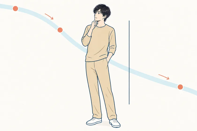 服姿の男性が問いを持って自分の身体を観察する姿勢を示す図