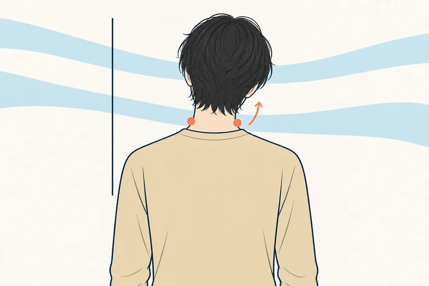 後ろ向きの服姿の男性の首のまわりを、角度の違う三本の帯が通り抜ける図