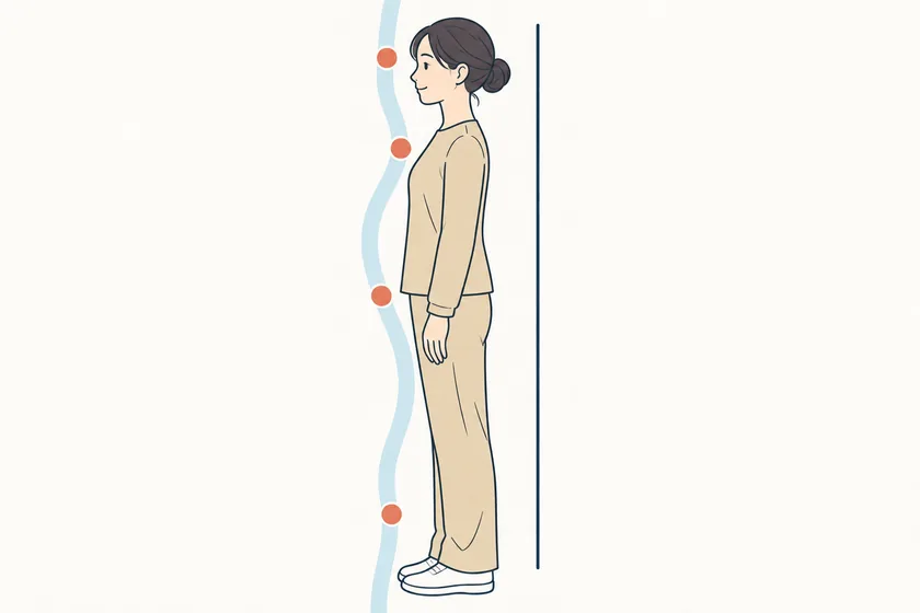 服姿の女性と垂直線、自然な姿勢変動の外側曲線を示す図
