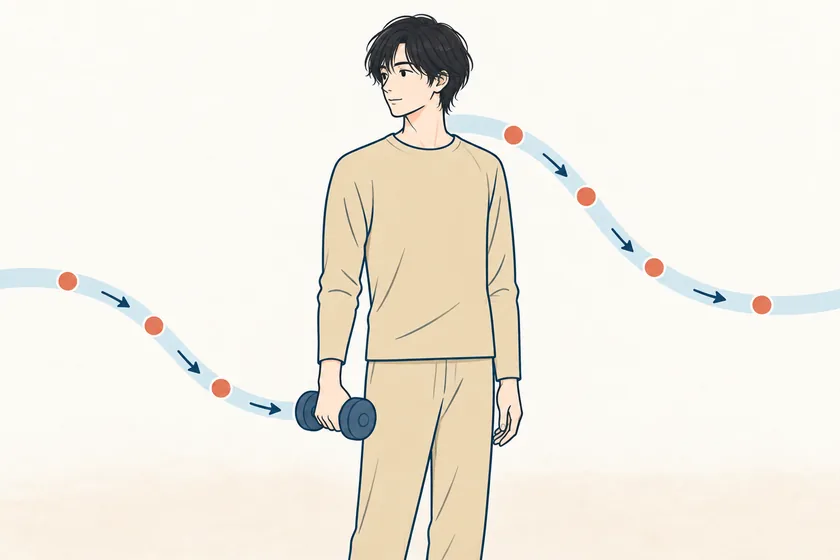 ダンベルを持つ服姿の男性に、筋力と動きの別々の経路を示す図