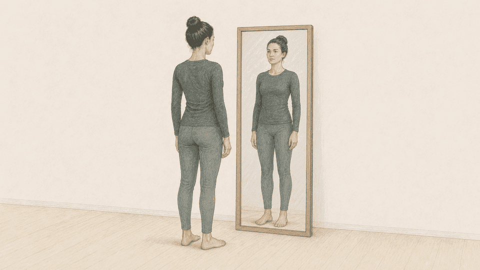 木枠の大きな姿見の前に立ち、全身を確認する女性