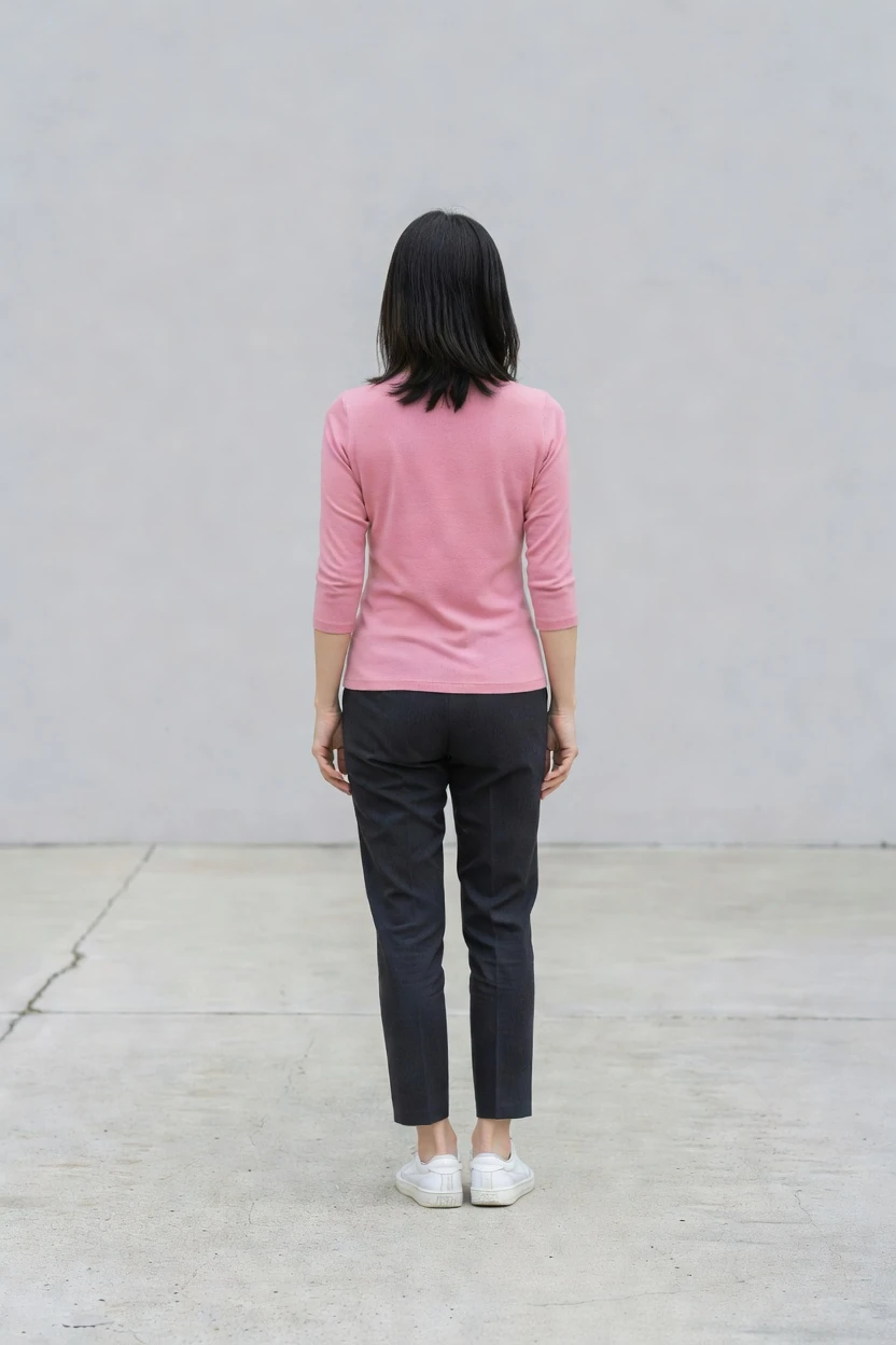 背面から撮影した架空の日本人成人の全身。40代女性の背面例。腕と体幹の隙間、肩の高さ、踵の向きに、ごくわずかな左右差が見える。大きな差がない写真も比較の基準になる。