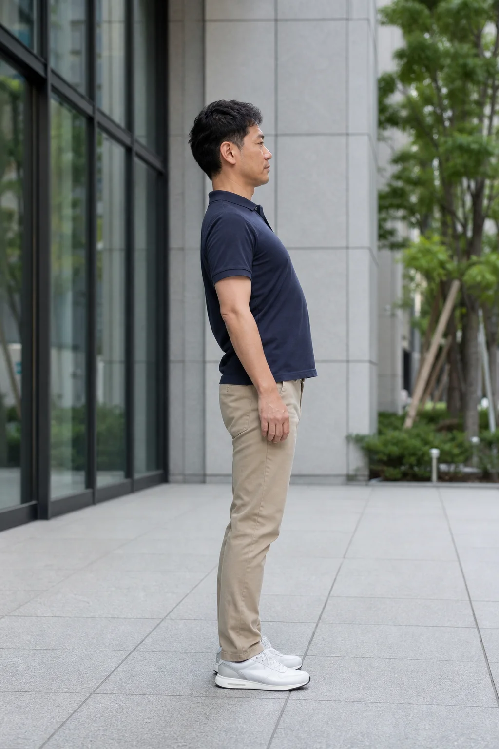 側面から撮影した架空の日本人成人の全身立位。骨盤周辺が足部より前へ位置し、胸郭がわずかに後方へあるように見える例。
