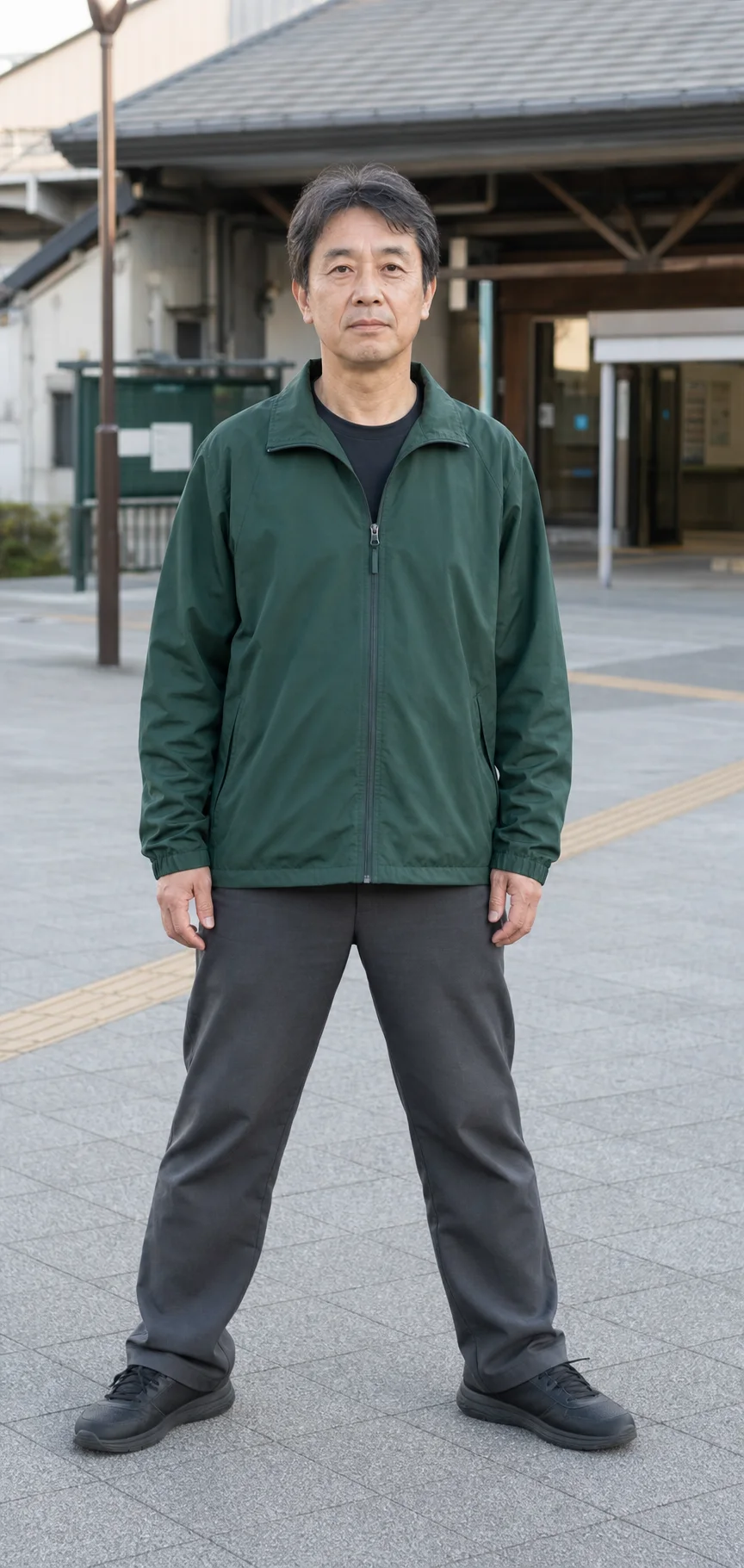 正面から撮影した架空の日本人成人の全身立位。左右の足部が外方向を向き、膝との方向関係も04とは異なる例。